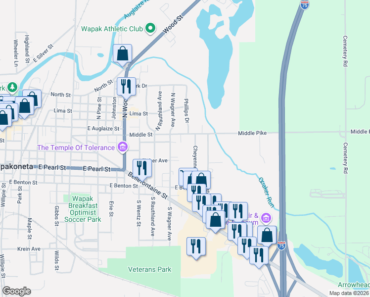 map of restaurants, bars, coffee shops, grocery stores, and more near 1105 Middle Street in Wapakoneta