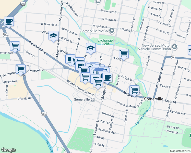 map of restaurants, bars, coffee shops, grocery stores, and more near 50 West Main Street in Somerville