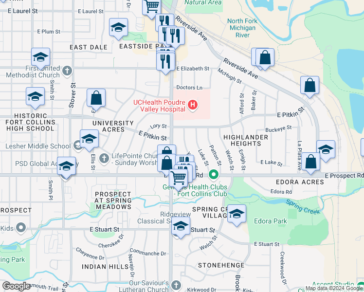 map of restaurants, bars, coffee shops, grocery stores, and more near 1321 Yount Street in Fort Collins