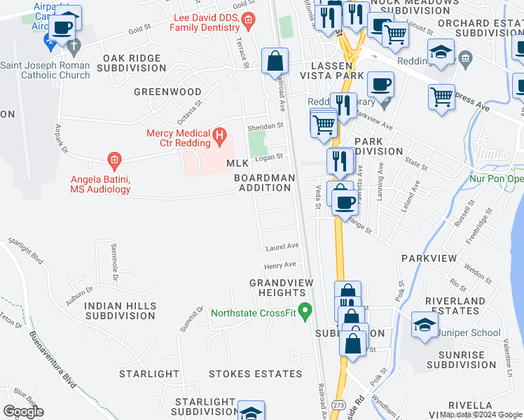 map of restaurants, bars, coffee shops, grocery stores, and more near 1848 Roanoke Avenue in Redding