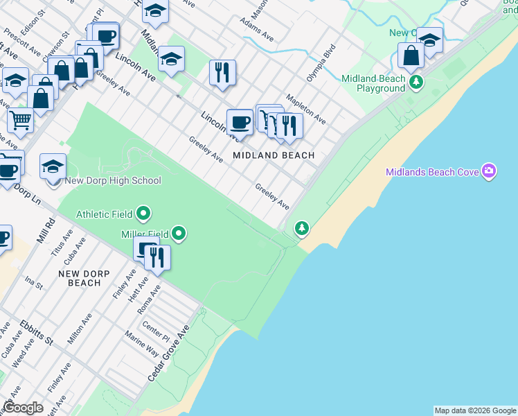 map of restaurants, bars, coffee shops, grocery stores, and more near 374 Baden Place in Staten Island