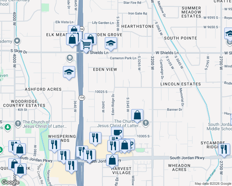 map of restaurants, bars, coffee shops, grocery stores, and more near 10027 Eden Ridge Drive in South Jordan
