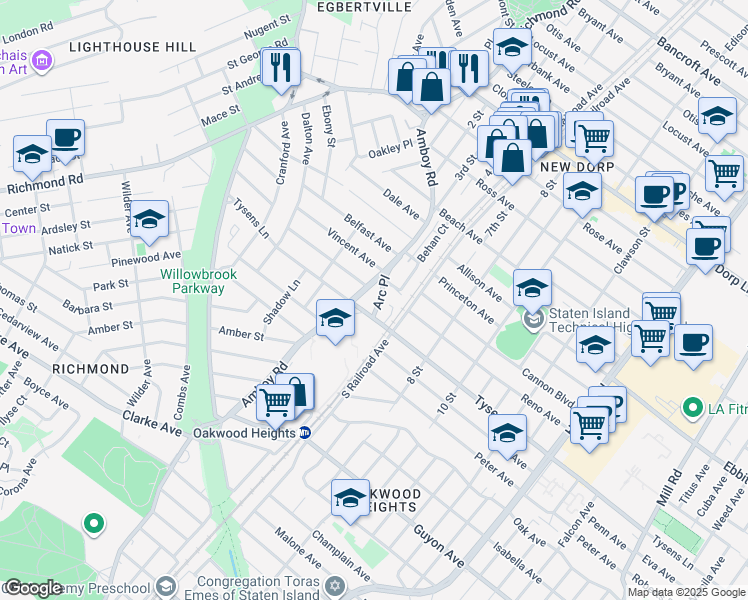 map of restaurants, bars, coffee shops, grocery stores, and more near 35 Arc Place in Staten Island