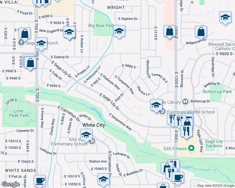 map of restaurants, bars, coffee shops, grocery stores, and more near 1043 East Diamond Way in Sandy