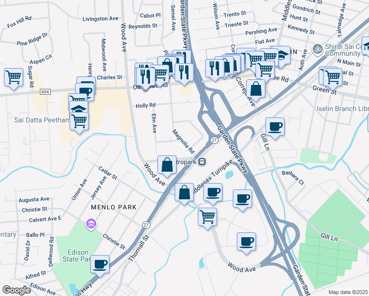 map of restaurants, bars, coffee shops, grocery stores, and more near 25 Magnolia Road in Woodbridge Township