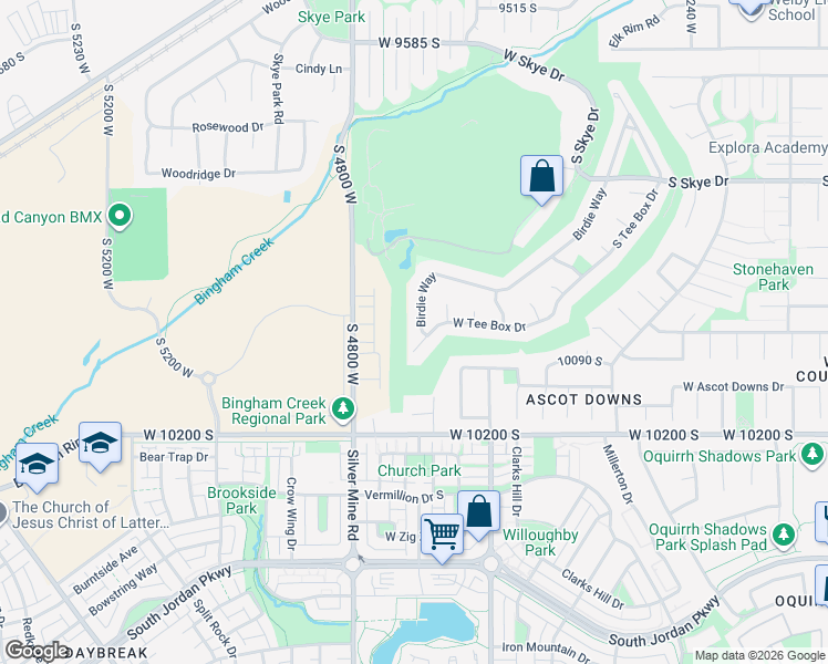 map of restaurants, bars, coffee shops, grocery stores, and more near 10036 Birdie Way in South Jordan