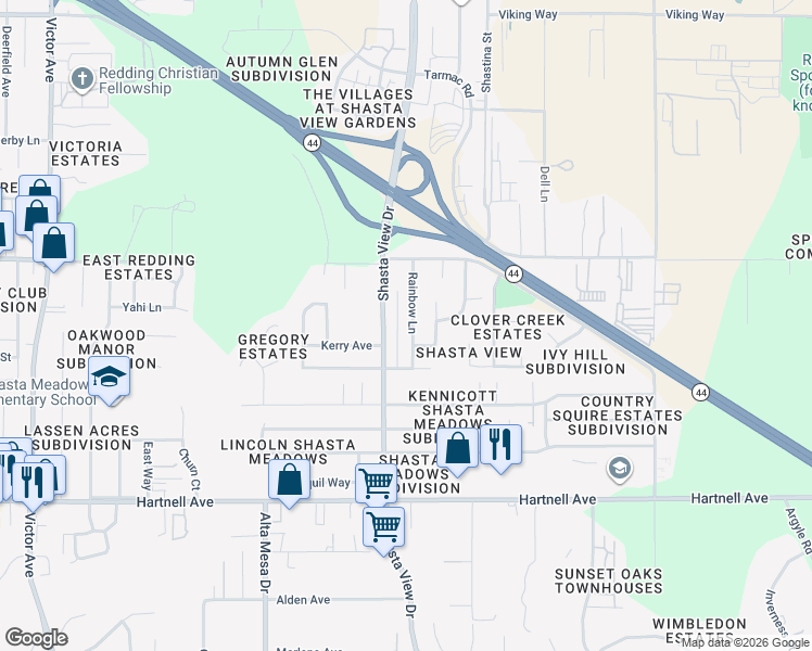 map of restaurants, bars, coffee shops, grocery stores, and more near 2620 Rainbow Lane in Redding