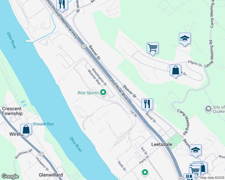 map of restaurants, bars, coffee shops, grocery stores, and more near 480 Washington St in Leetsdale