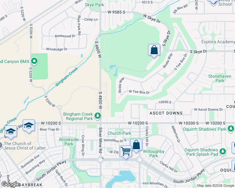 map of restaurants, bars, coffee shops, grocery stores, and more near 10036 Birdie Way in South Jordan