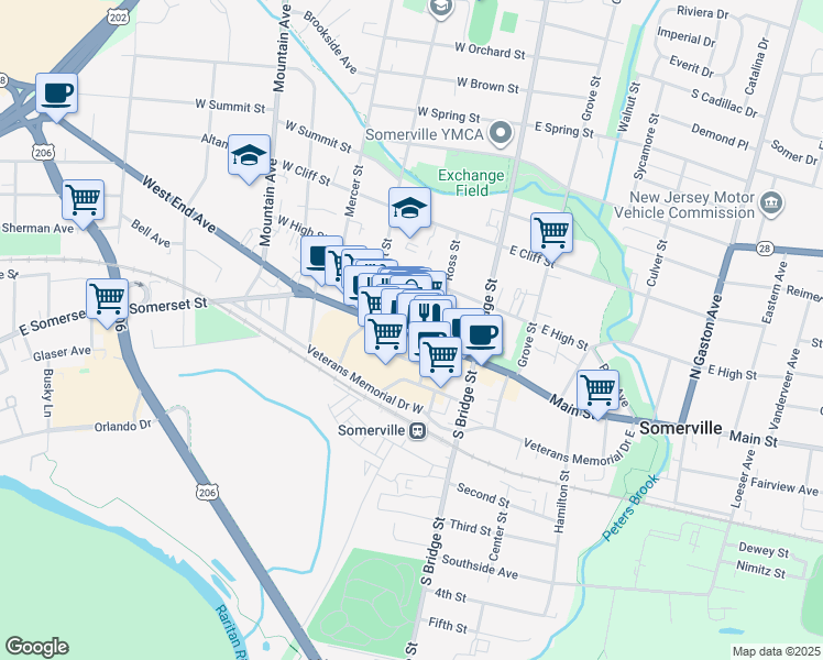 map of restaurants, bars, coffee shops, grocery stores, and more near 80 West Main Street in Somerville