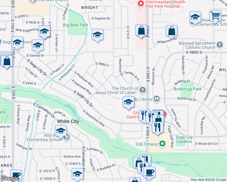 map of restaurants, bars, coffee shops, grocery stores, and more near 1162 Electra Lane in Sandy