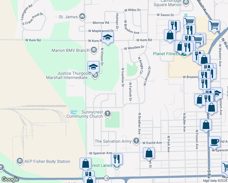 map of restaurants, bars, coffee shops, grocery stores, and more near 701 North Norton Avenue in Marion