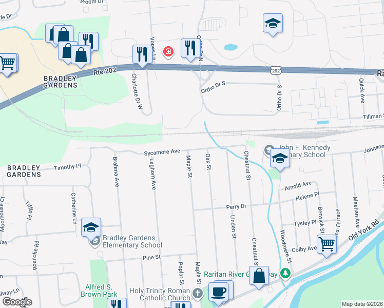 map of restaurants, bars, coffee shops, grocery stores, and more near 191 Maple Street in Bridgewater