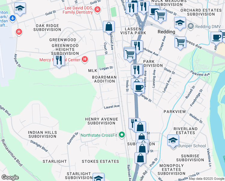 map of restaurants, bars, coffee shops, grocery stores, and more near 1701 Roanoke Avenue in Redding
