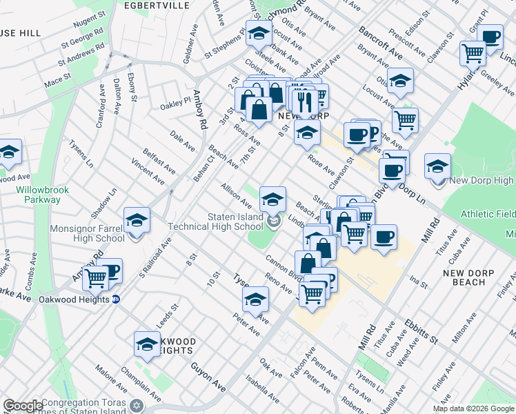 map of restaurants, bars, coffee shops, grocery stores, and more near 95 Allison Avenue in Staten Island