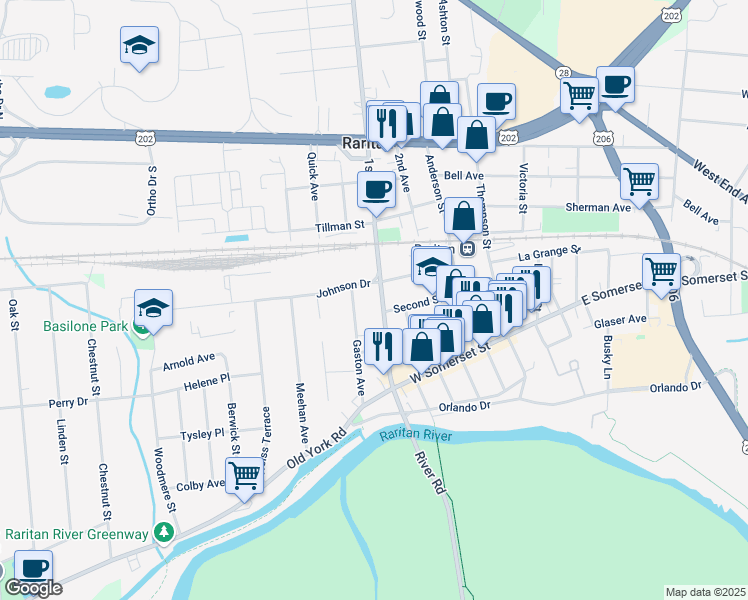 map of restaurants, bars, coffee shops, grocery stores, and more near 49 1st Avenue in Raritan