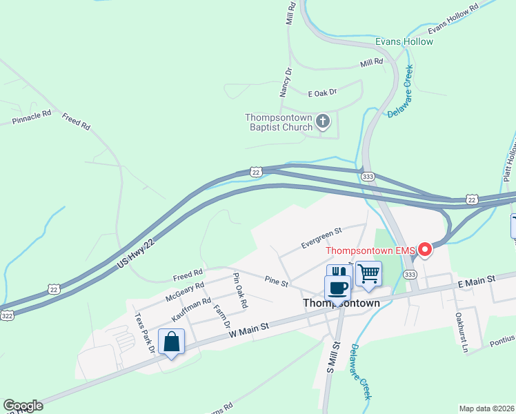 map of restaurants, bars, coffee shops, grocery stores, and more near 213 Zeigler Road in Thompsontown