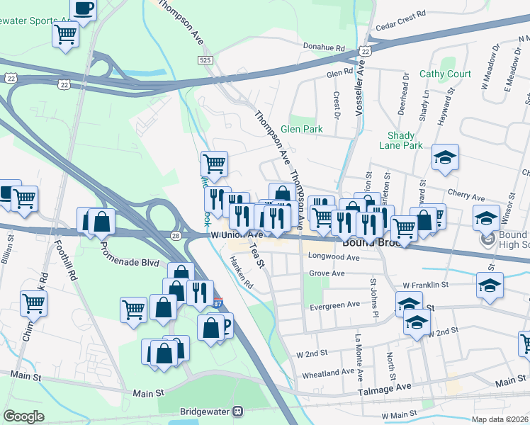 map of restaurants, bars, coffee shops, grocery stores, and more near 72 Codrington Drive in Bound Brook