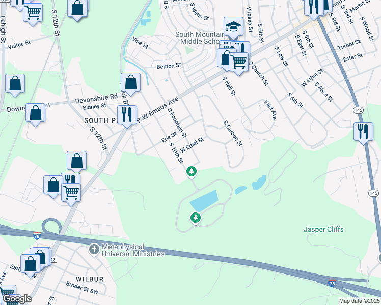 map of restaurants, bars, coffee shops, grocery stores, and more near 2448 S Fountain St in Allentown