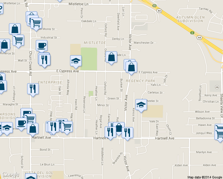map of restaurants, bars, coffee shops, grocery stores, and more near 2655 Oxford Road in Redding