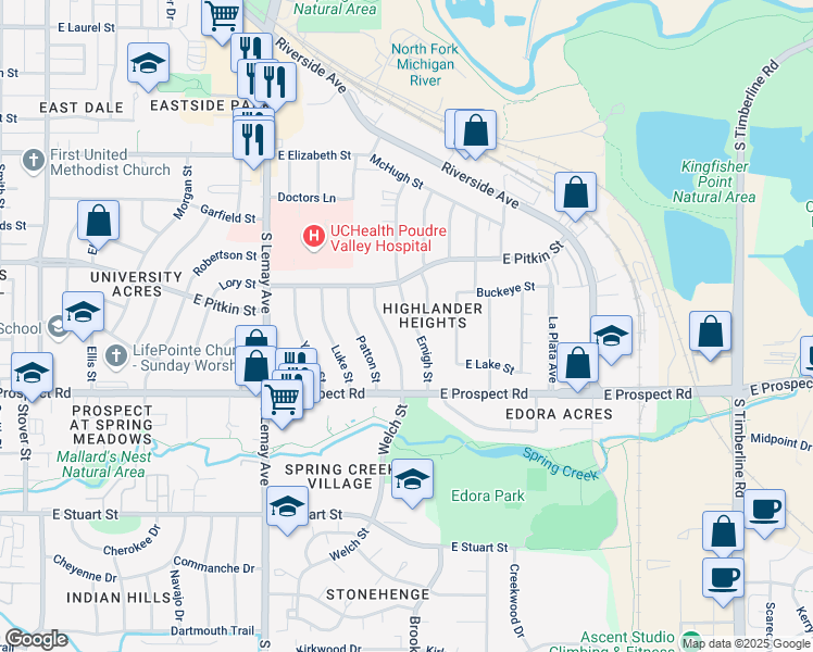map of restaurants, bars, coffee shops, grocery stores, and more near 1401 Emigh Street in Fort Collins