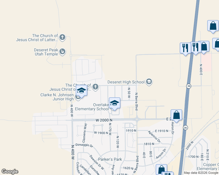 map of restaurants, bars, coffee shops, grocery stores, and more near 2184 North 170 West in Tooele