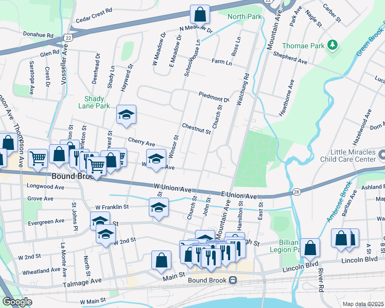 map of restaurants, bars, coffee shops, grocery stores, and more near 532 Central Avenue in Bound Brook