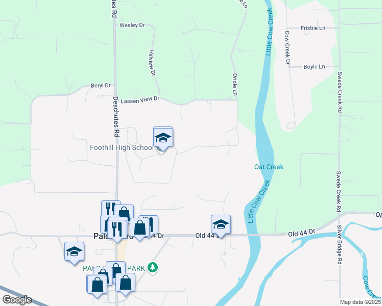 map of restaurants, bars, coffee shops, grocery stores, and more near 9733 Deschutes Road in Palo Cedro