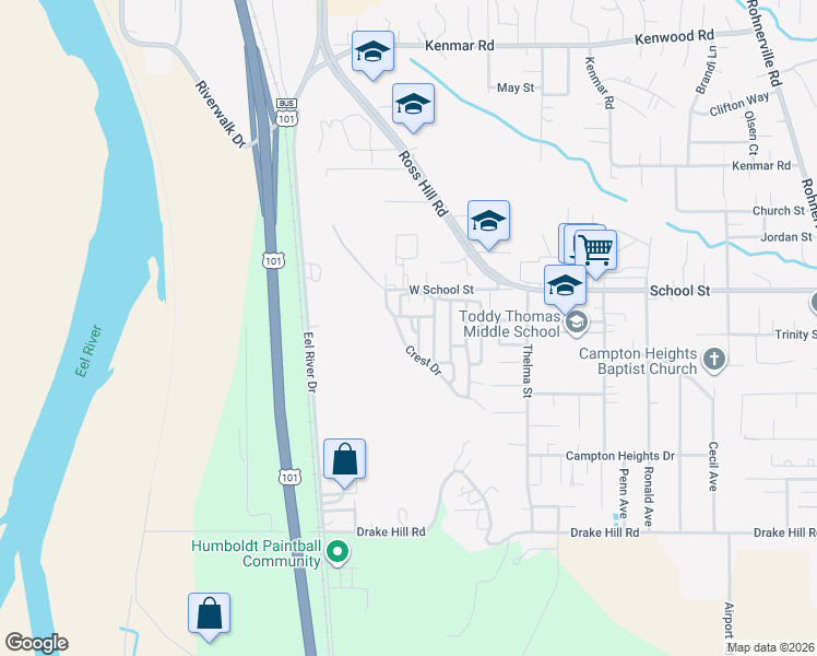 map of restaurants, bars, coffee shops, grocery stores, and more near 1571 Princess Lane in Fortuna