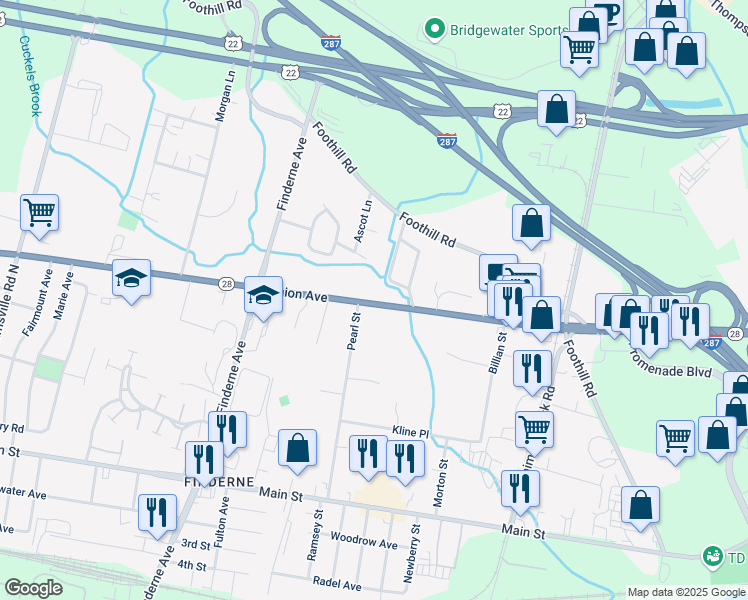 map of restaurants, bars, coffee shops, grocery stores, and more near 503 Union Avenue in Bridgewater Township