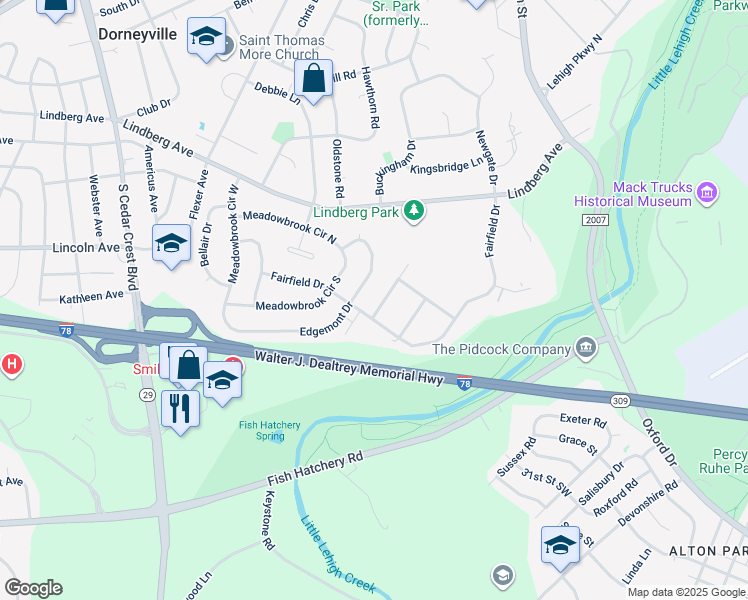 map of restaurants, bars, coffee shops, grocery stores, and more near 2908 Greenbriar Lane in Allentown