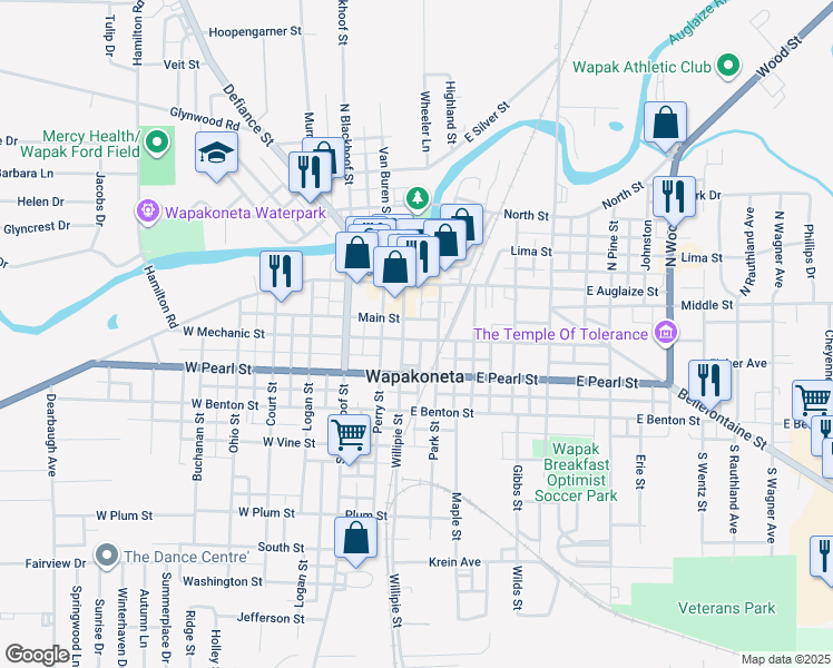 map of restaurants, bars, coffee shops, grocery stores, and more near 6 East Mechanic Street in Wapakoneta