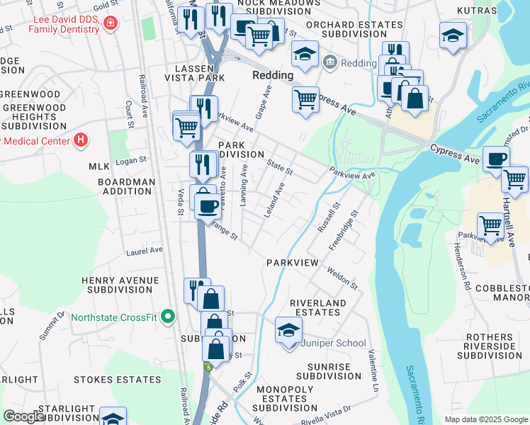 map of restaurants, bars, coffee shops, grocery stores, and more near 2868 Leland Avenue in Redding