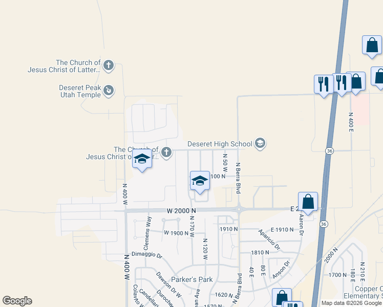 map of restaurants, bars, coffee shops, grocery stores, and more near 2184 North 170 West in Tooele