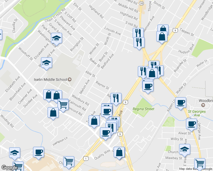 map of restaurants, bars, coffee shops, grocery stores, and more near 206 Raynor Street in Woodbridge Township