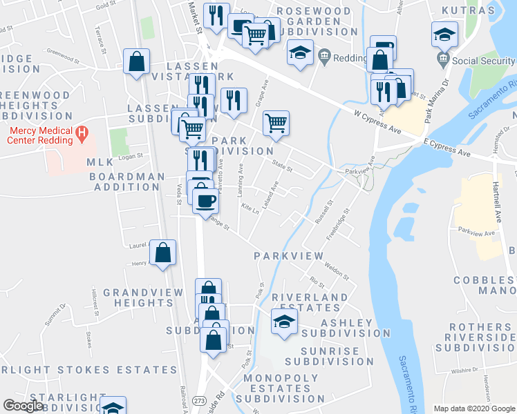 map of restaurants, bars, coffee shops, grocery stores, and more near 826 Kite Lane in Redding