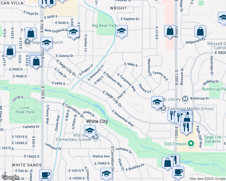 map of restaurants, bars, coffee shops, grocery stores, and more near 1001 East Sego Lily Drive in Sandy