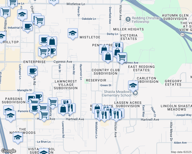 map of restaurants, bars, coffee shops, grocery stores, and more near in Redding