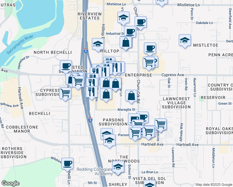 map of restaurants, bars, coffee shops, grocery stores, and more near 2620 Larkspur Ln in Redding