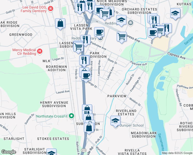 map of restaurants, bars, coffee shops, grocery stores, and more near 2923 Favretto Avenue in Redding