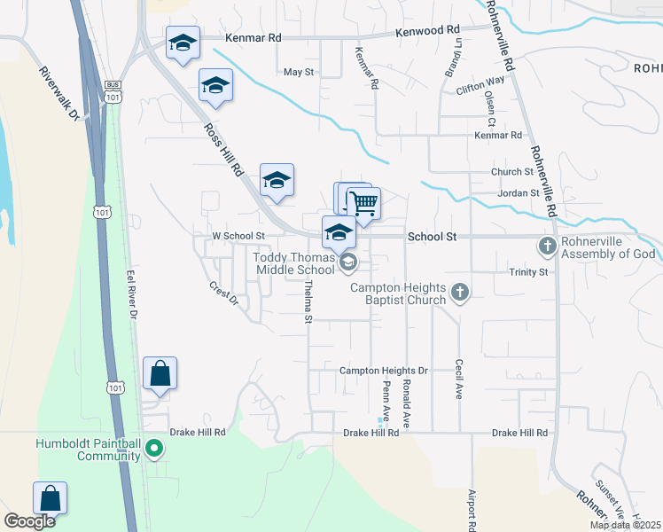 map of restaurants, bars, coffee shops, grocery stores, and more near East Street in Fortuna