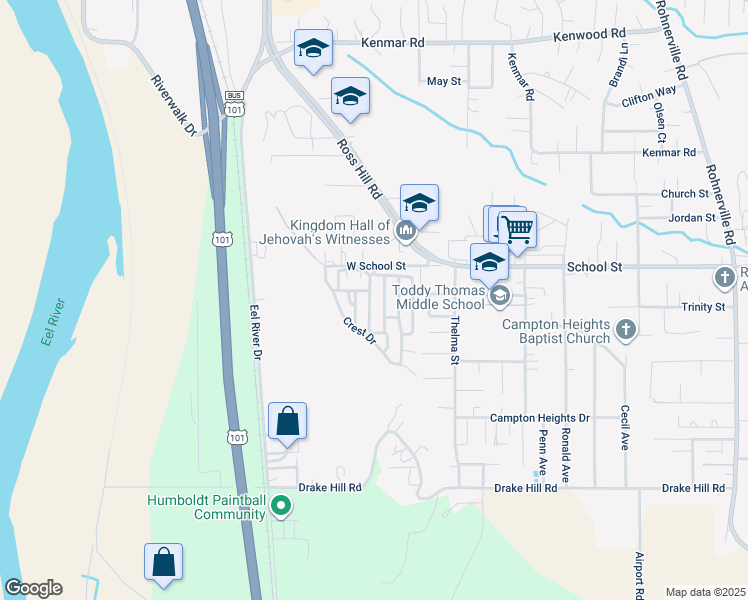 map of restaurants, bars, coffee shops, grocery stores, and more near 188 Empire Drive in Fortuna