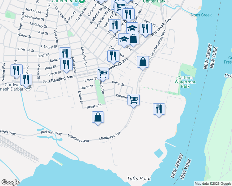 map of restaurants, bars, coffee shops, grocery stores, and more near 50 Chrome Avenue in Carteret