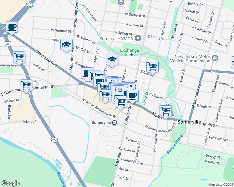 map of restaurants, bars, coffee shops, grocery stores, and more near 50 West Main Street in Somerville