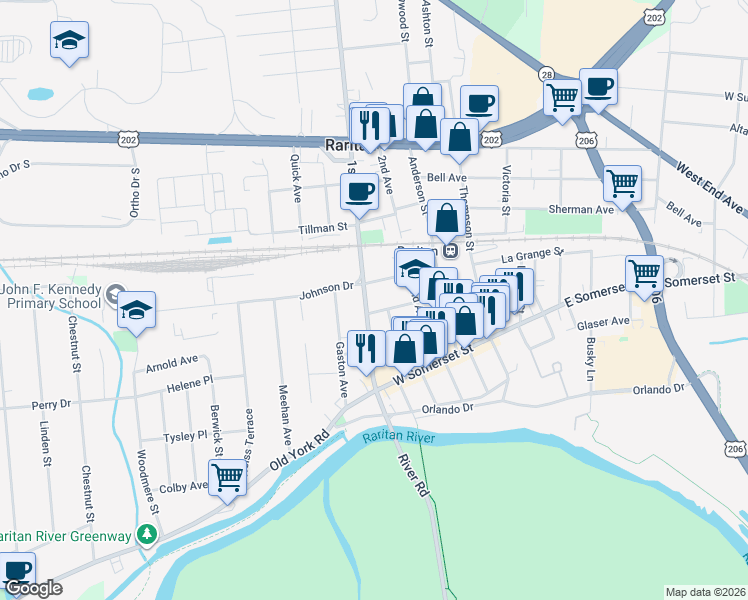 map of restaurants, bars, coffee shops, grocery stores, and more near 44 2nd Street in Raritan