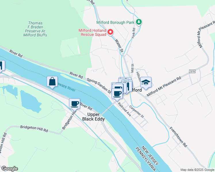 map of restaurants, bars, coffee shops, grocery stores, and more near 96 Spring Garden Street in Milford
