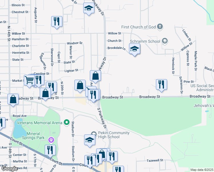 map of restaurants, bars, coffee shops, grocery stores, and more near 100-120 North Parkway Drive in Pekin