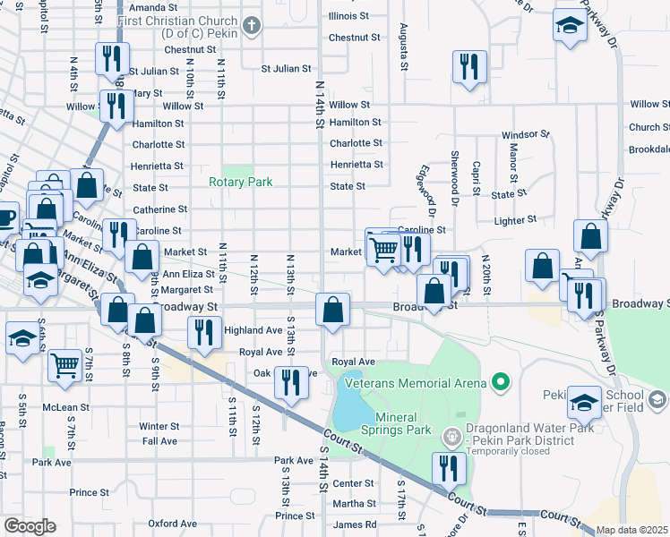 map of restaurants, bars, coffee shops, grocery stores, and more near 1405 Ann Eliza Street in Pekin