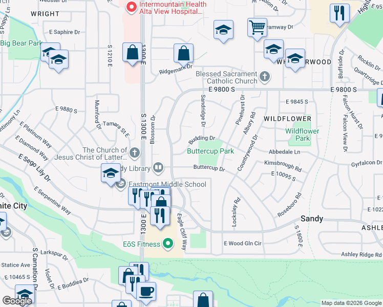 map of restaurants, bars, coffee shops, grocery stores, and more near 1650 East Budding Circle in Sandy