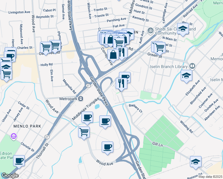 map of restaurants, bars, coffee shops, grocery stores, and more near 48 Gill Lane in Woodbridge Township
